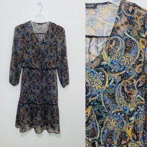 Express Women's Dress Small Midi 3/4 Sleeve V-Neck Black Ruffle Hem Tiered